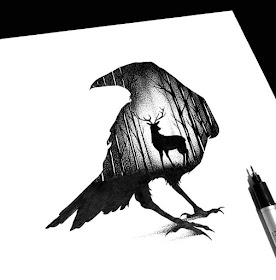 08-The-Raven-and-the-Deer-Thiago-Bianchini-Ink-Animal-Drawings-Within-a-Drawing-www-designstack-co