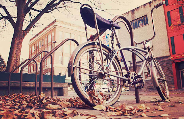 Sepeda Jadul di Tengah Daun yang Beratuhan di Musim Gugur