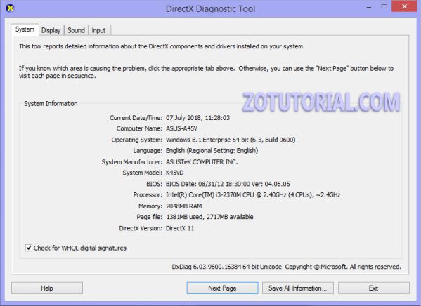 Melihat Spesifikasi Laptop dan PC Windows 10, 8, 7 Lengkap by zotutorial.com