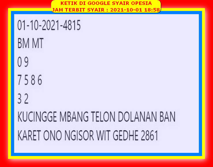 Syair Toto Hongkong 1 Oktober 2021 Royal Syair