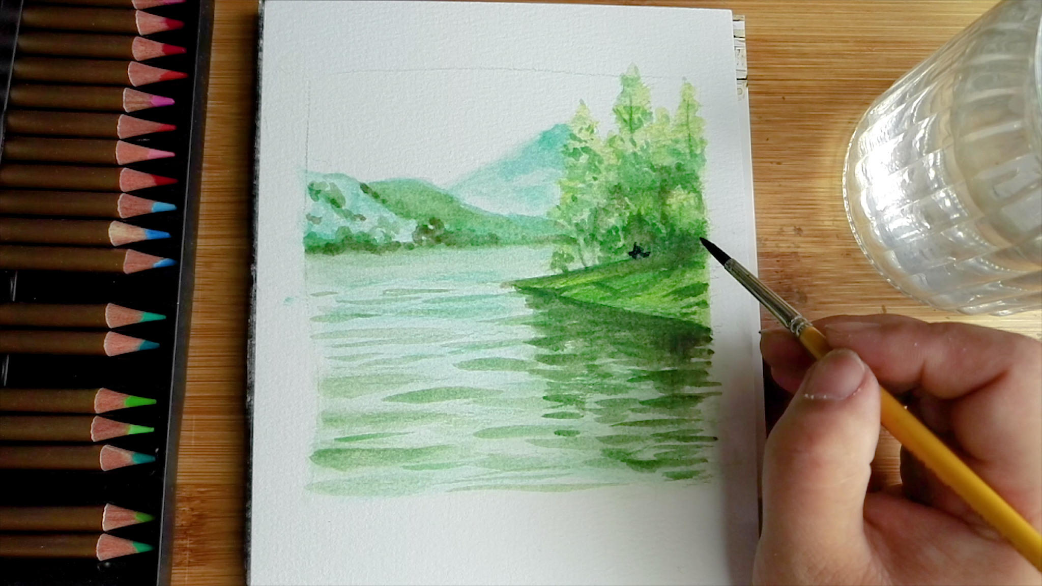 How to draw watercolor pencil lake landscape tutorial