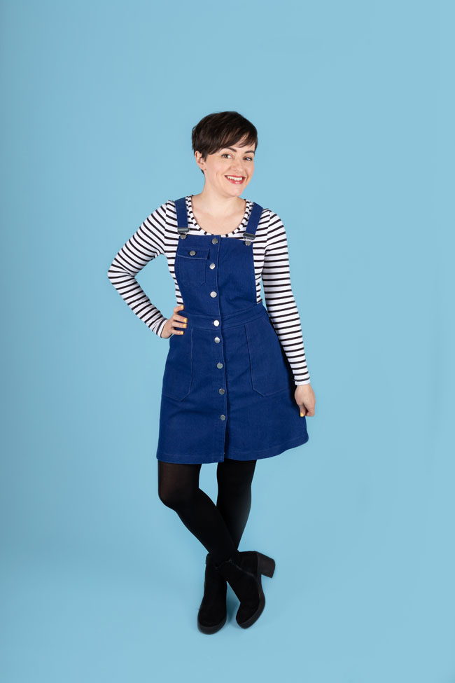 Tilly's classic denim Bobbi pinafore - sewing pattern by Tilly and the Buttons