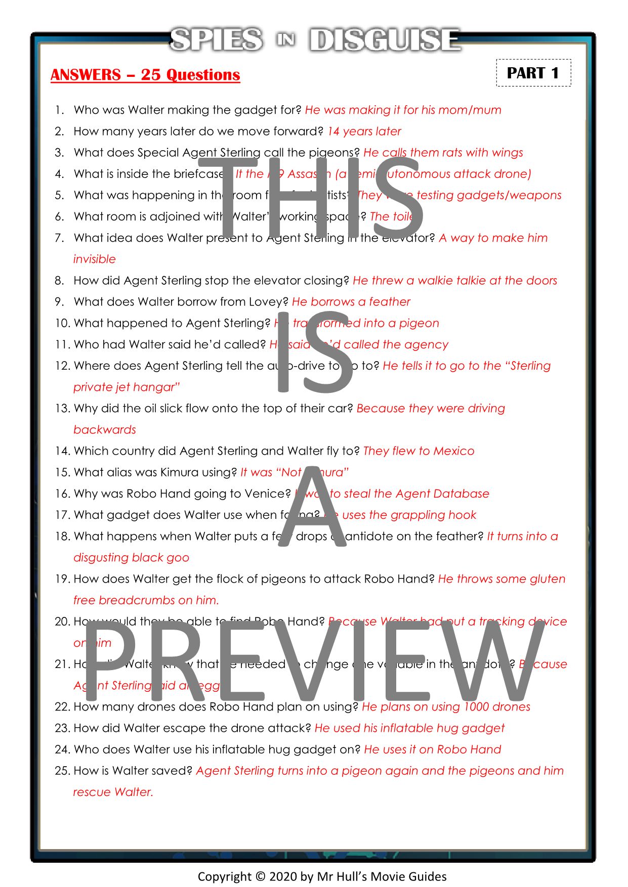 Spies in Disguise Movie Guide + Activities - Answer Key Included