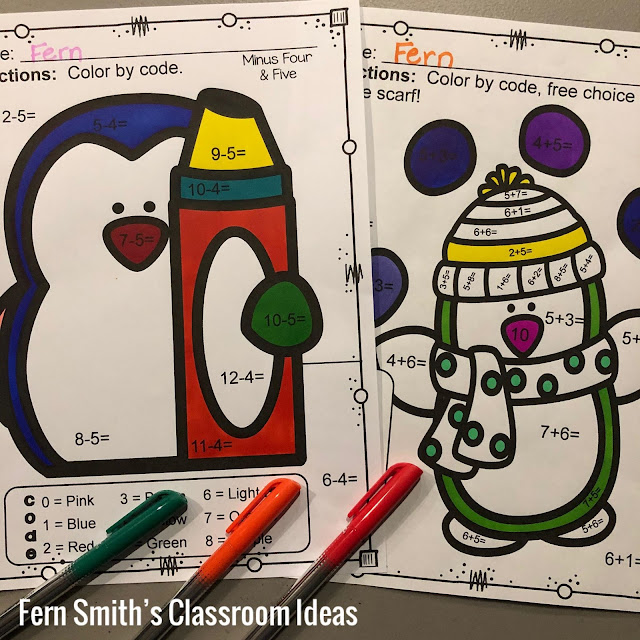 Winter Color By Number Addition and Subtraction Bundle at TeacherspayTeachers by Fern Smith of Fern Smith's Classroom Ideas.