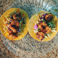 2 tortillas with cabbage slaw and shrimp