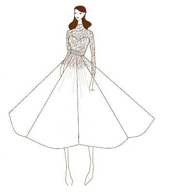 High Neck, Long Sleeve Fifties Style Short Full Skirt Wedding Dress
