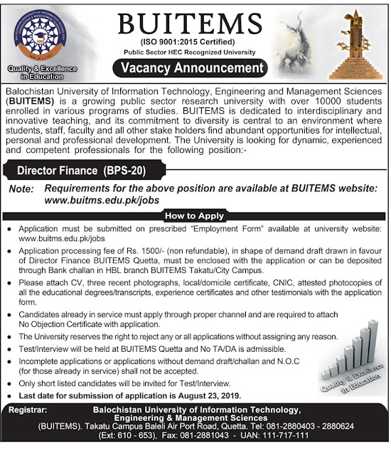 BUITEMS Jobs 2019 Balochistan University of Information Technology Engineering & Management Sciences