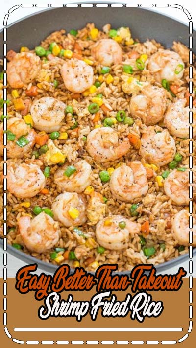 This is an easy, one-skillet recipe that’s ready in 20 minutes and tastes better than takeout; it’s healthier and not greasy. To save time if you don’t have leftover rice on hand or don’t want to cook a batch, use two pouches of ready-to-serve rice. The shrimp is tender and juicy. I use fresh shrimp but you can use frozen shrimp that’s already been cooked. There’s garlic, ginger, green onions, sesame oil, and soy sauce for layers of flavor while peas, carrots, corn, and bits of egg add texture.