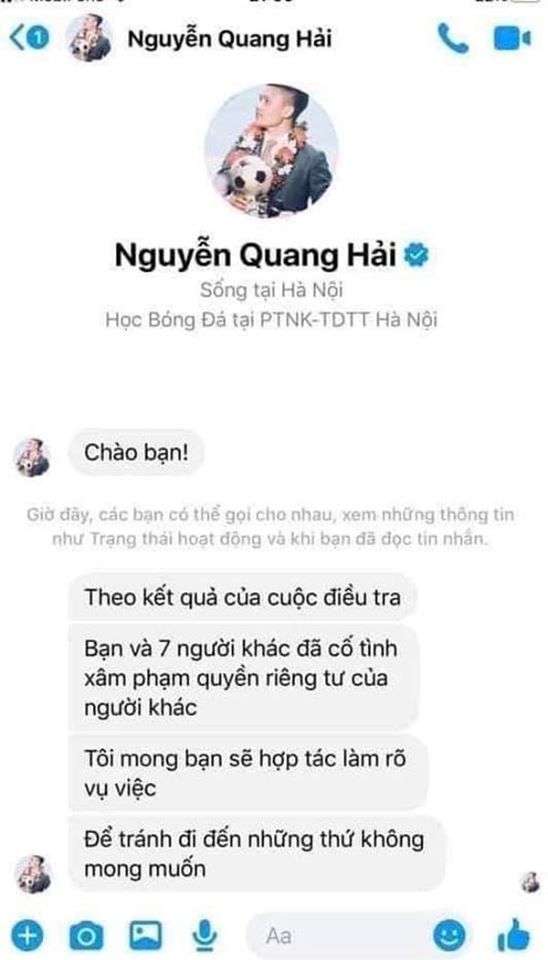 Quang Hải nhắn tin với kẻ hack Facebook: “Bạn và 7 người đã xâm phạm quyền riêng tư”