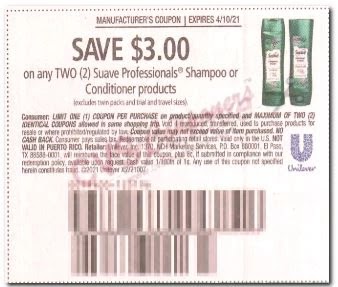 $3.00/2 Suave Hair Care Coupon from "SAVE" insert week of 3/28/21 (exp 4/10).(Formerly Known as RMN) $3.00/2 Suave Hair Care Coupon from "SAVE" insert week of 3/28/21 (exp 4/10).(Formerly Known as RMN)
