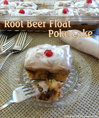 Root Beer Float Poke Cake brings back memories of a favorite treat. Vanilla cake studded with root beer pudding and a vanilla root beer frosting. | Recipe developed by www.BakingInATornado.com | #recipe #cake