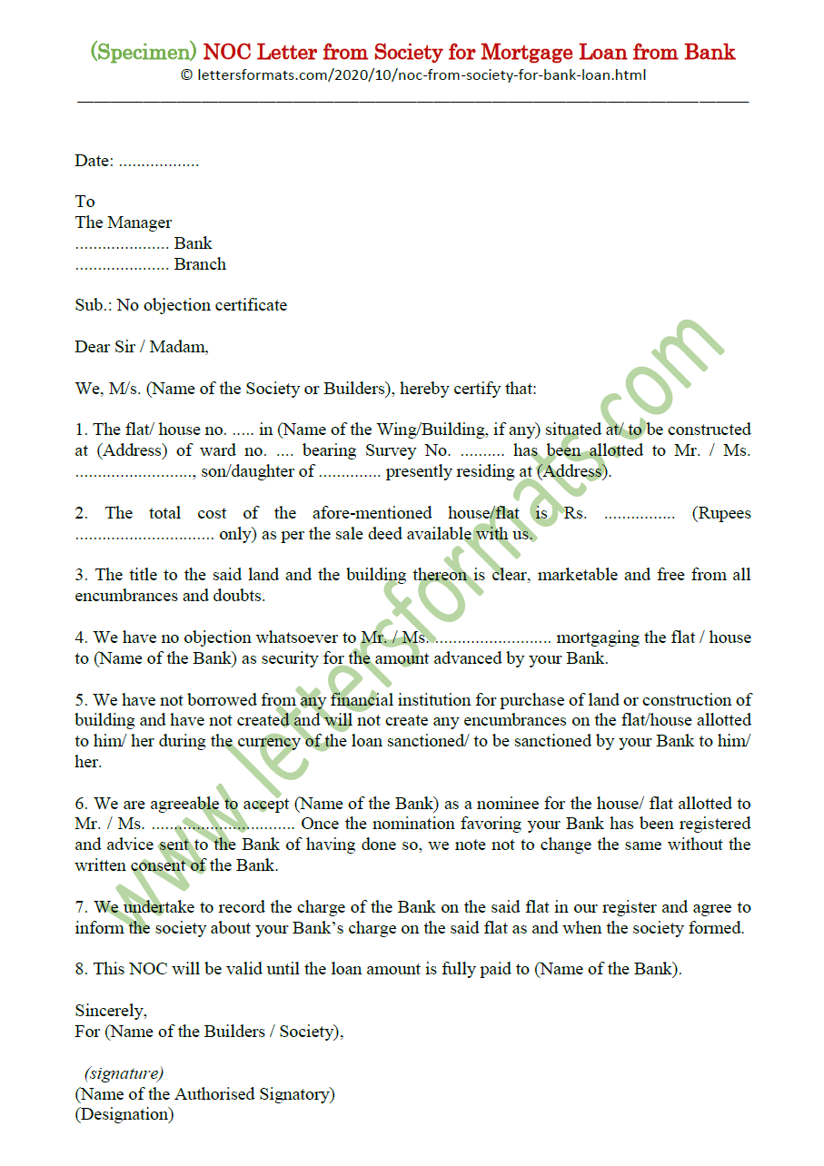 NOC Letter Format from Society for Mortgage Loan from Bank