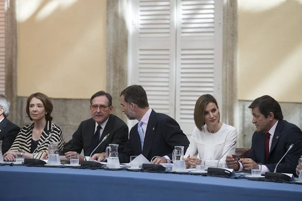 Queen Letizia of Spain and King Felipe VI of Spain attend a meeting with members of 'Princesa de Asturias' foundation at El Pardo Royal Palace