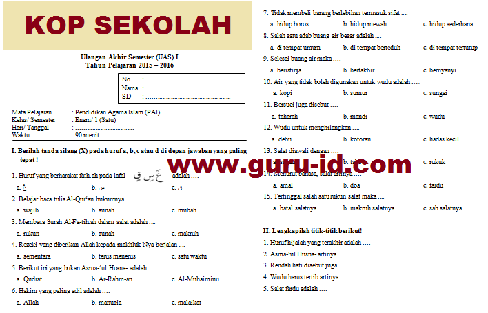 Soal Uas Pai Kelas 6 Semester 2 2021 Info Pendidikan Terbaru