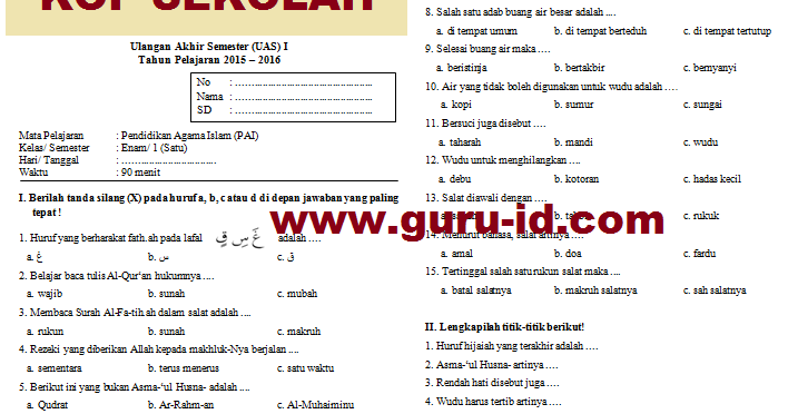 soal agama islam kelas 6 semester 1 dan kunci jawaban