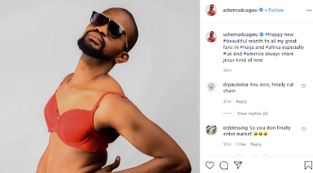 Nigerian actor Uche Maduagwu shares photo of himself wearing a bra after he claims he is a gay