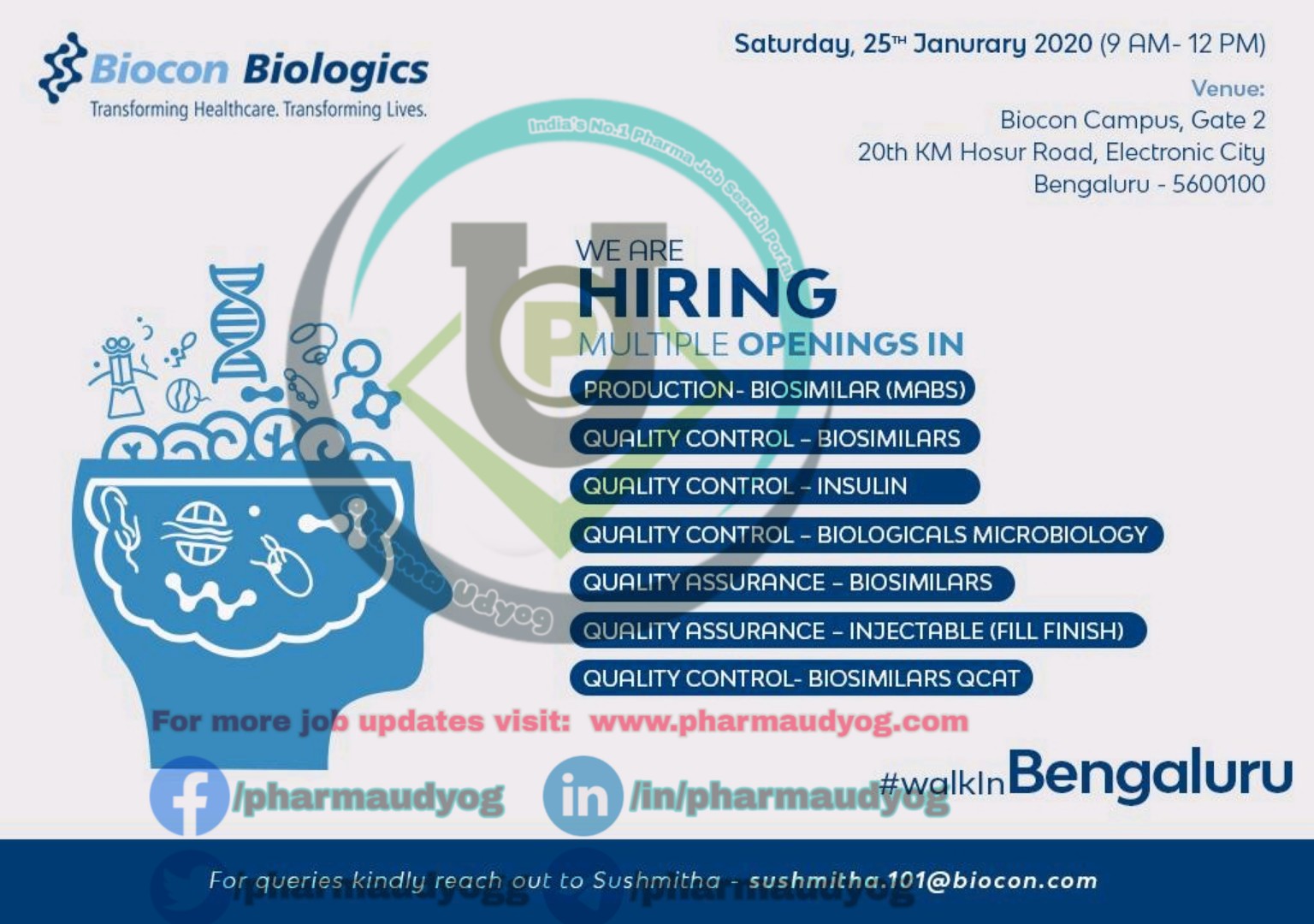 Biocon Biologics Walkin for ProductionQCQA on 25 Jan 2020 Pharma