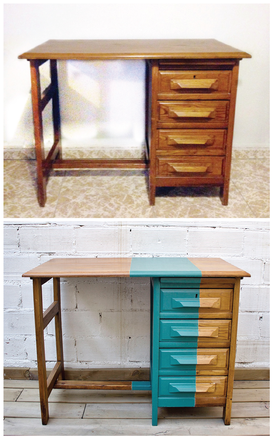 Antes y después - Un escritorio de roble con toque de turquesa- profundidades del mar Antes y después - Un escritorio de roble con toque de turquesa- profundidades del mar
