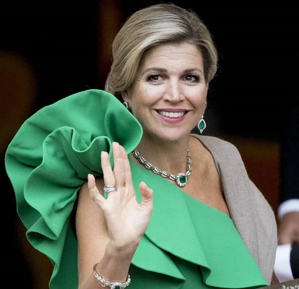 Dutch Queen Maxima wore Lanvin One-shoulder Ruffled Crepe gown at gala dinner in Den Haag. Diamond earrings and diamond necklace