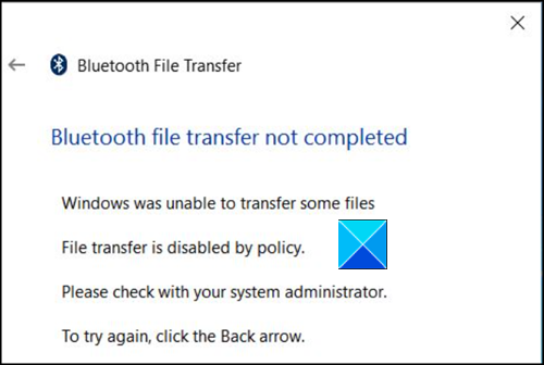 Transferencia de archivos por Bluetooth no completada, la transferencia de archivos está deshabilitada por política