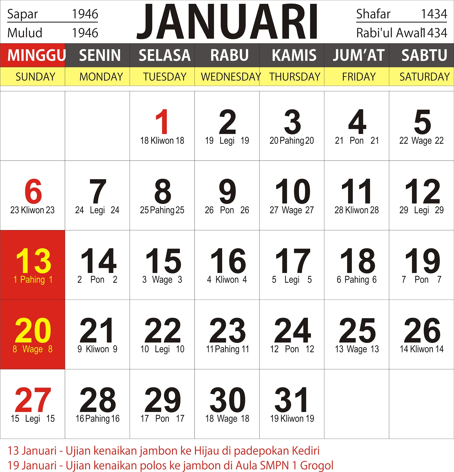 Sigropashter: Kalender Kegiatan Januari 2013