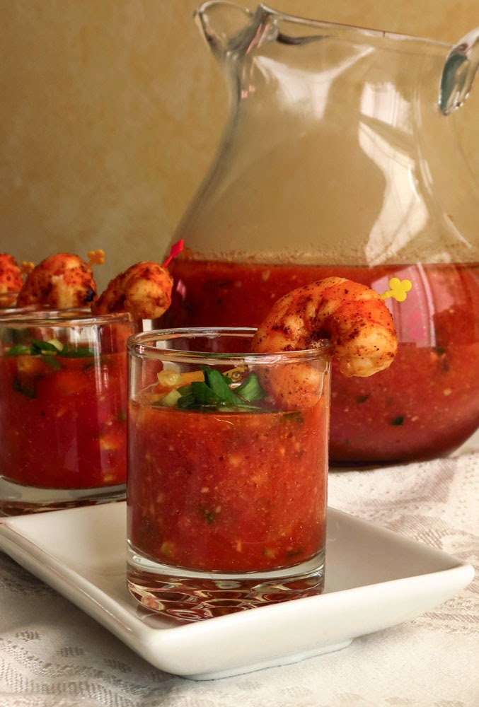 OnTheMoveIn the Galley Gazpacho Shooters with Spicy Shrimp for