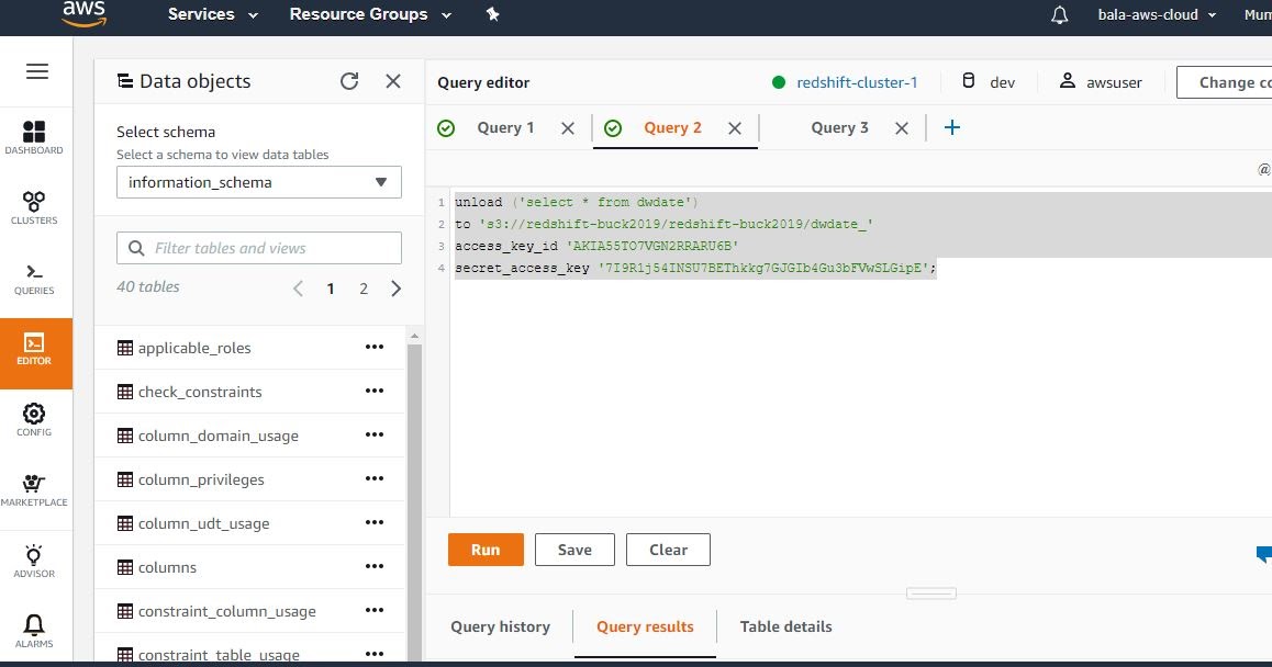 Database Technology How to copy data from AWS Redshift table to S3 bucket?