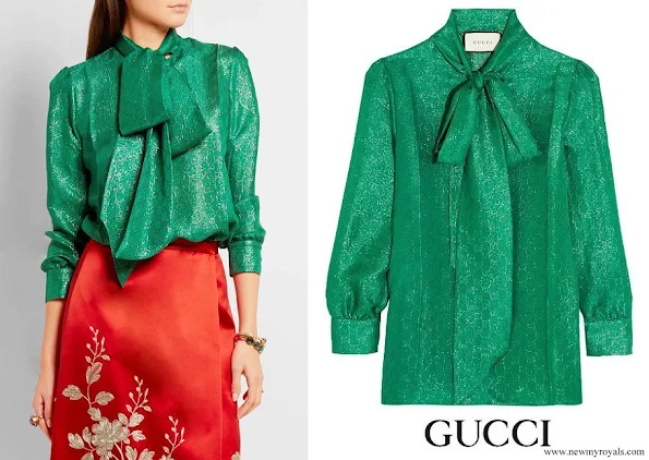 Queen Mathilde wore GUCCI Pussy-bow metallic silk-blend jacquard blouse