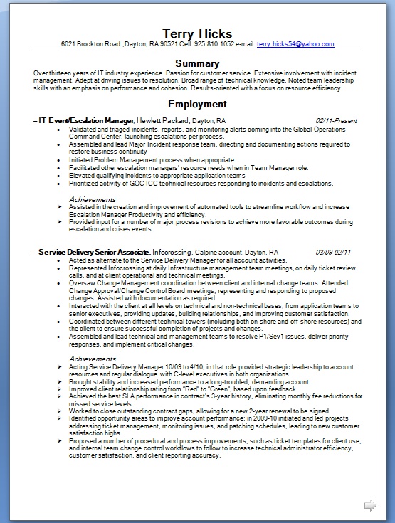 Escalation Manager Sample Resume Format In Word Free Download