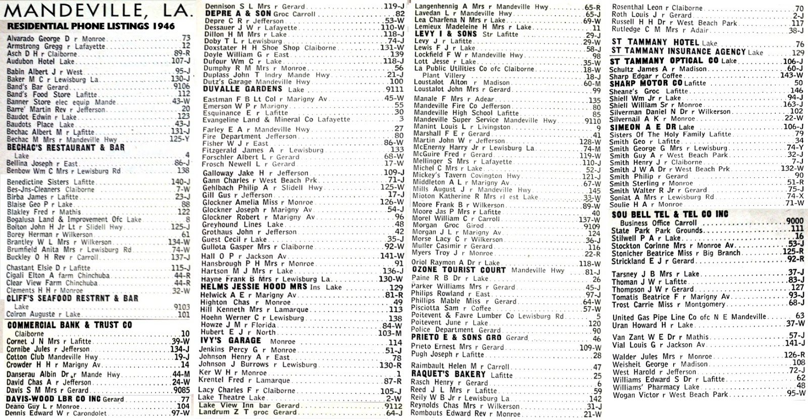 Tammany Family Mandeville Residential Phone Listings 1946