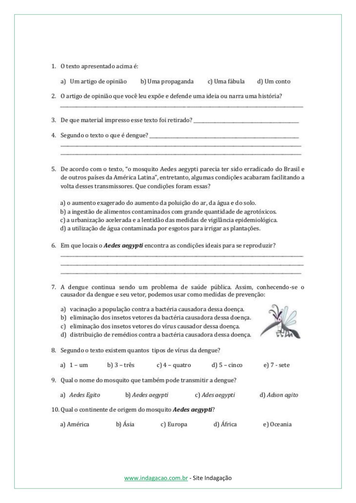 Atividade 5º ano: Ler artigo e realizar estudo do texto - INDAGAÇÃO