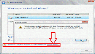 Solusi Windows cannot be installed to disk 0 partition 1
