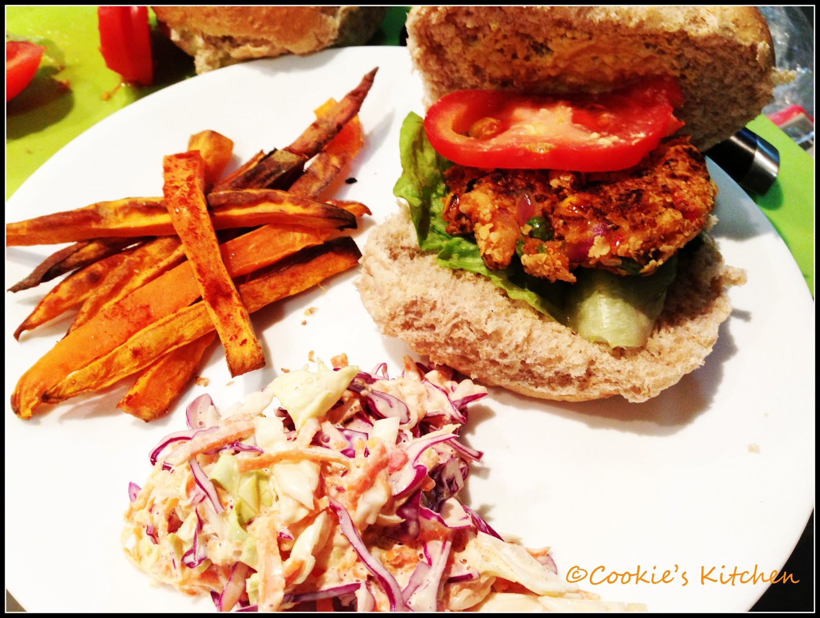 Cookie's Kitchen Butter Bean Burgers with Coleslaw and Baked Sweet