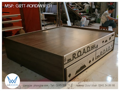 Giường hộp 2 tầng thấp G2TT-ROADMAP.01 vân gỗ tự nhiên phối trắng trang trí lộ trình ô tô