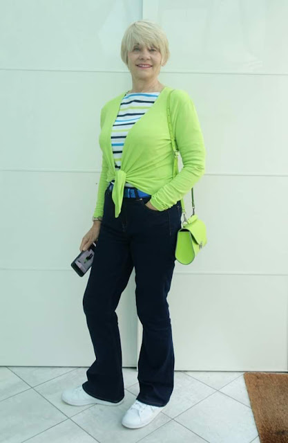 A striped Breton top worn with lime green by Gail Hanlon from Is This Mutton