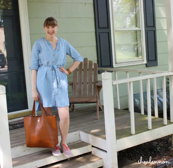 chambray dress with leather tote and floral sneakers for the weekend | www.shealennon.com