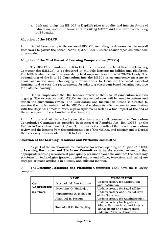 Adoption of the Basic Education Learning Continuity Plan (LCP) for SY