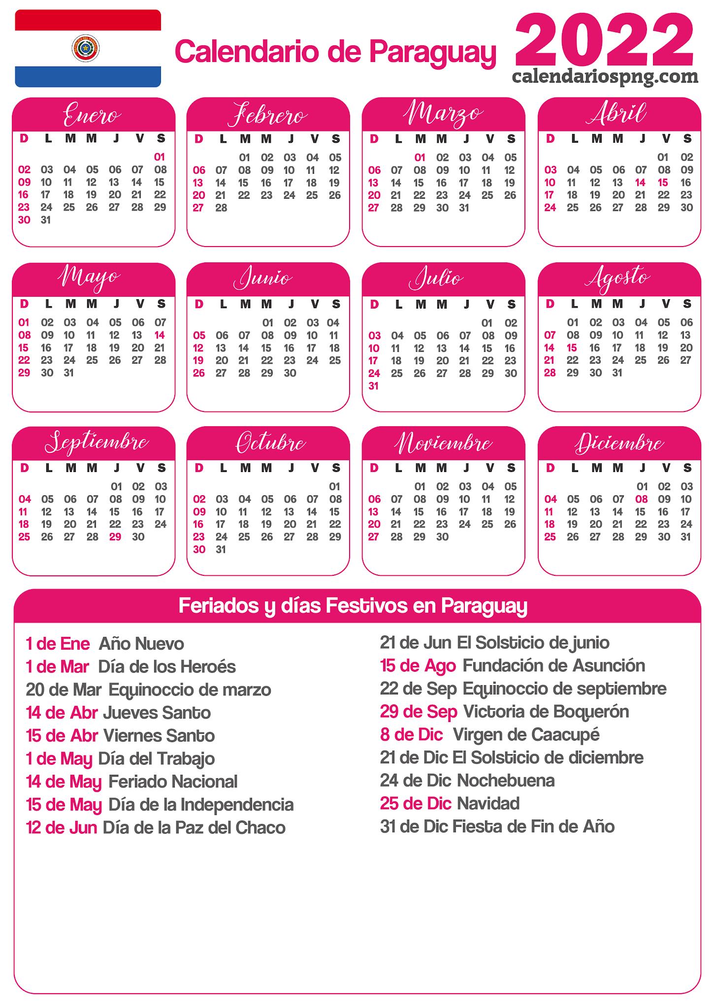 Calendarios 2022 de Paraguay para imprimir