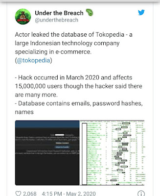 15 Juta data pengguna tokopedia dikabrakan bocor !