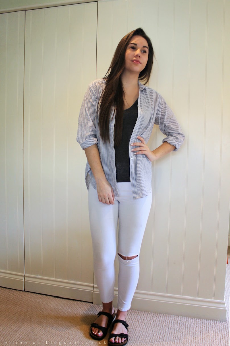 white jeans, Topshop, outfit, ways to wear, shirt, ripped jeans, OOTD
