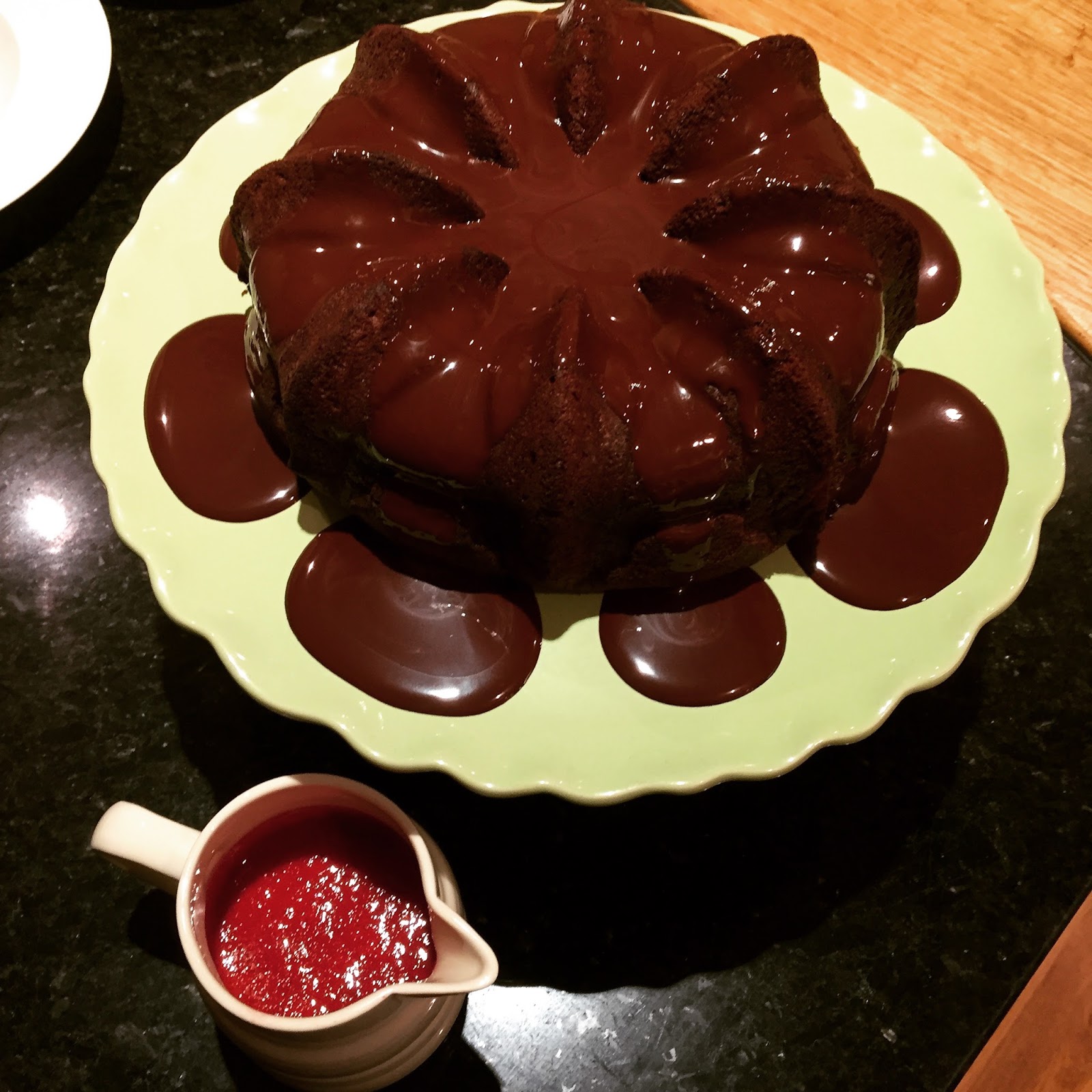 Red Wine Chocolate Bundt Cake with Raspberry Coulis