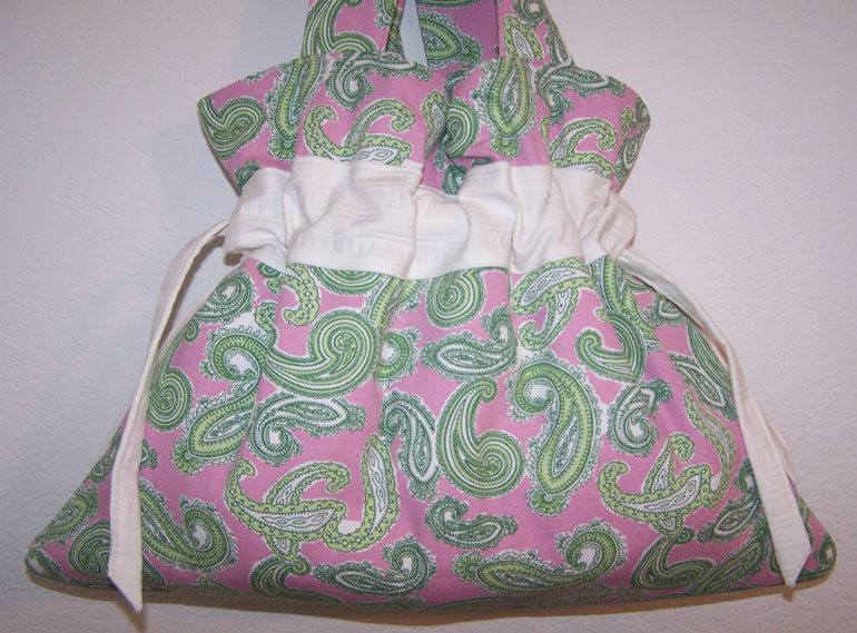 Handmade Drawstring Handbag Purse Pink Green Paislies CUTE!