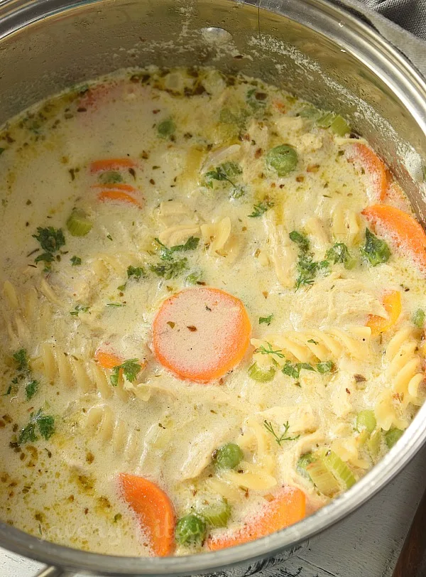best creamy chunky chicken noodle soup in a pot
