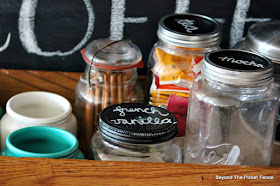old jars, upcycled, repurposed, coffee station, old drawer, chalkboard paint,http://bec4-beyondthepicketfence.blogspot.com/2015/10/coffee-station.html 