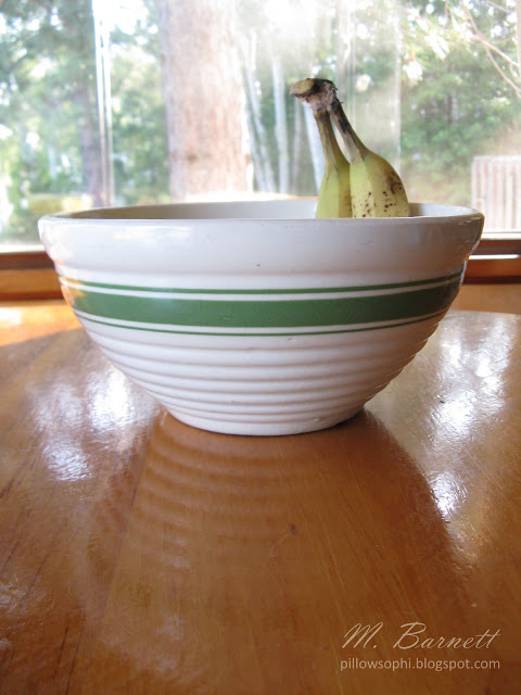 Vintage white fruit bowl with green stripes, made in the USA
