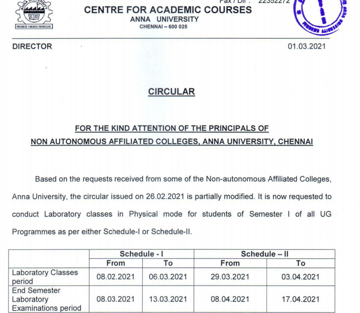 Anna University First Semester Lab Exam Schedule April May 2021