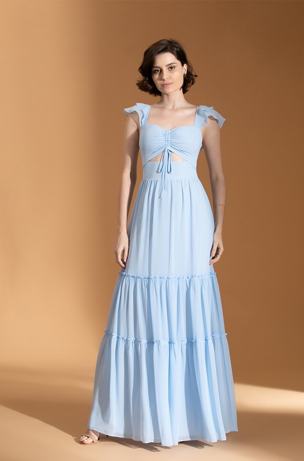 vestido longo azul serenity para madrinha de casamento