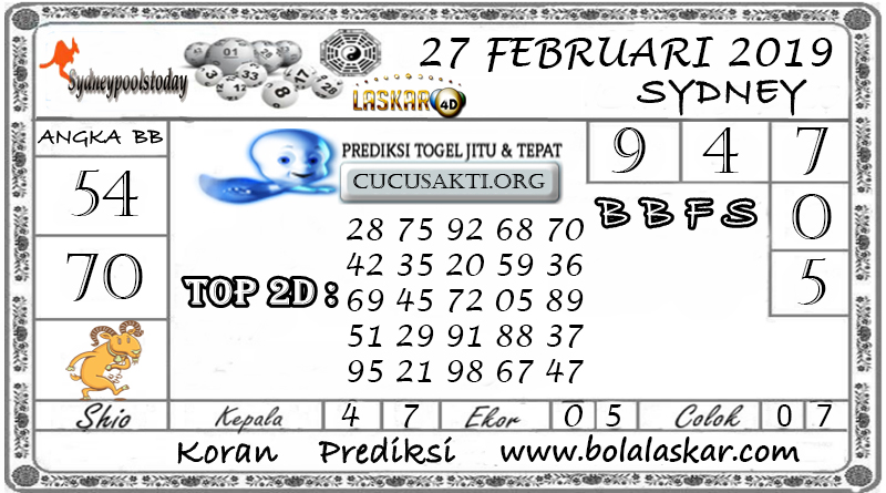 Prediksi Togel SYDNEY LASKAR4D 27 FEBRUARI 2019