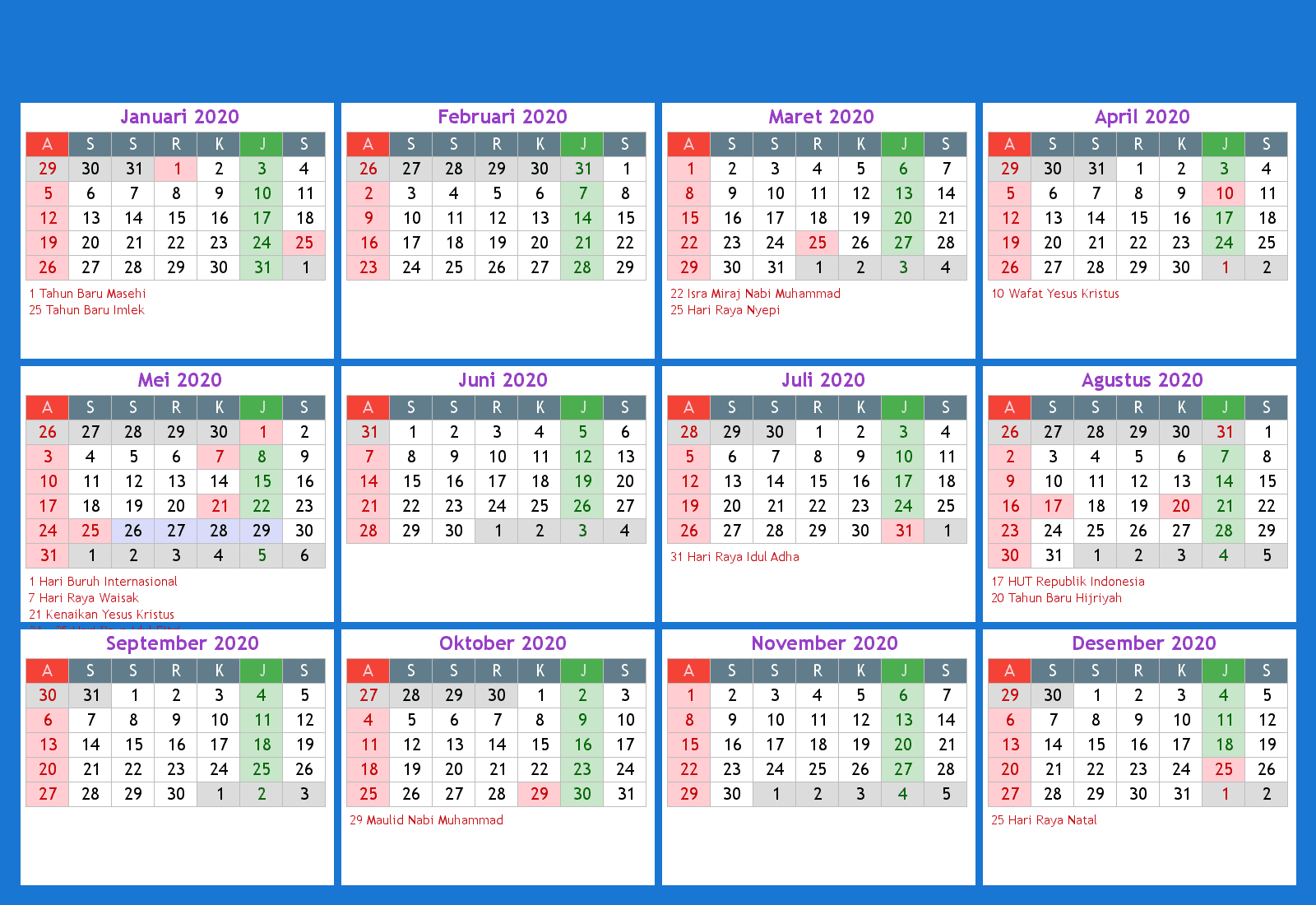  Kalender Indonesia Tahun 2020 CDR JPG PDF Masehi Hijriyah Jawa