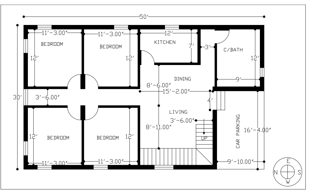 50' × 30' Single Storey 4 Bhk House Plan In 1500 Sq. Ft With Car Parking |  Cost Estimate.
